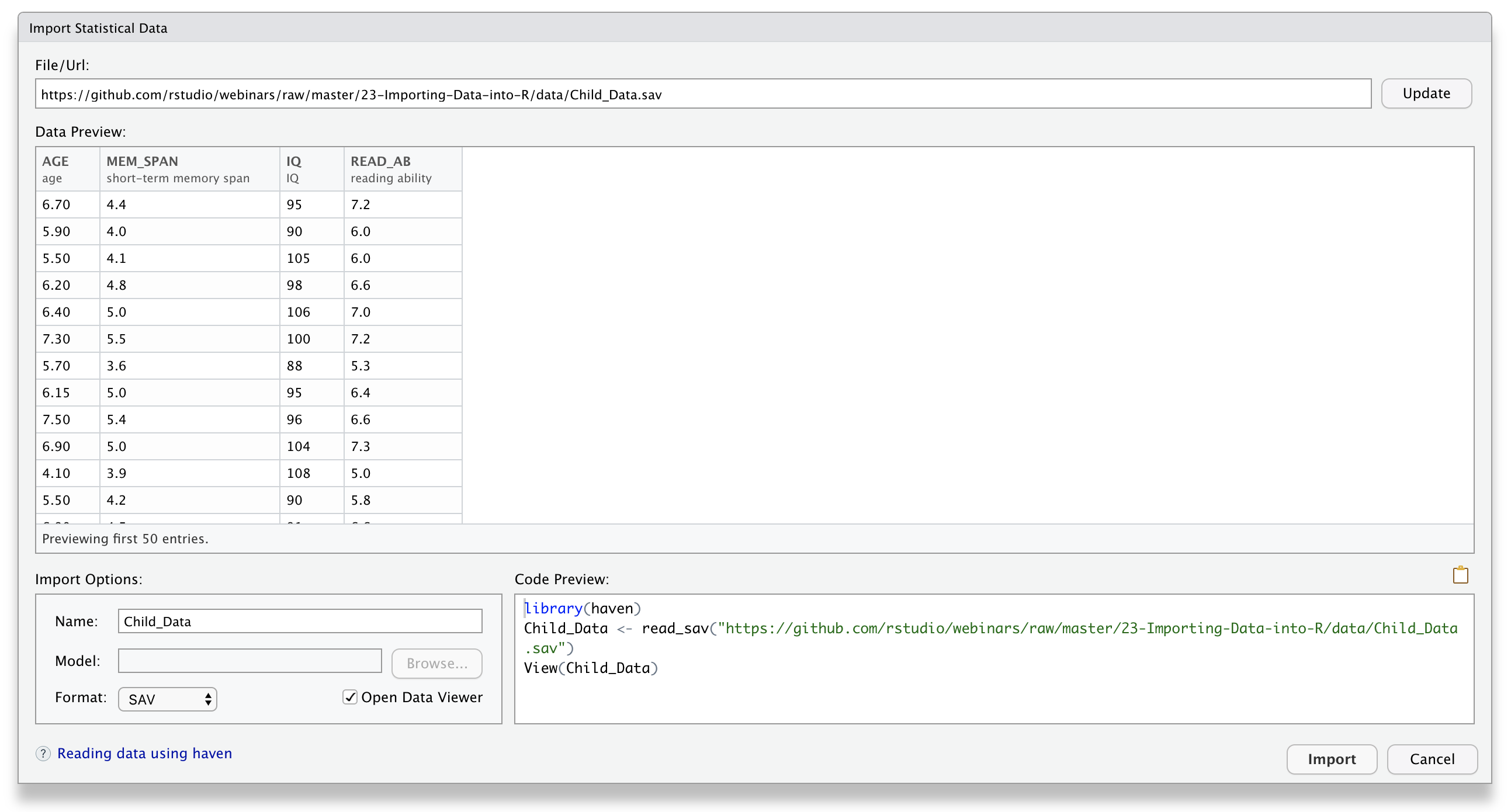 RStudio's Import Statistical Data dialog previews an SPSS file and displays the corresponding `haven` code.