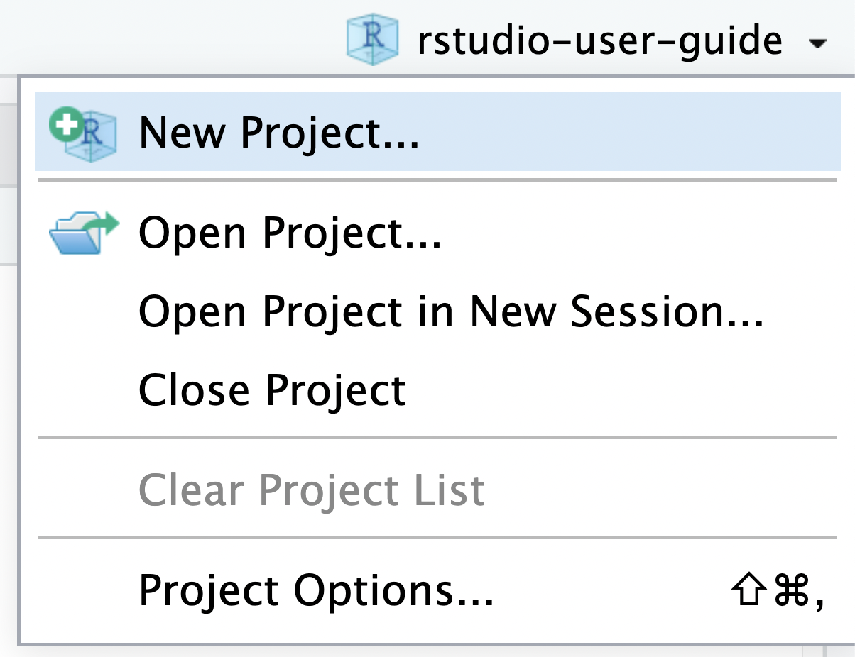 Use the Projects menu to create a new RStudio Project or open an existing one.